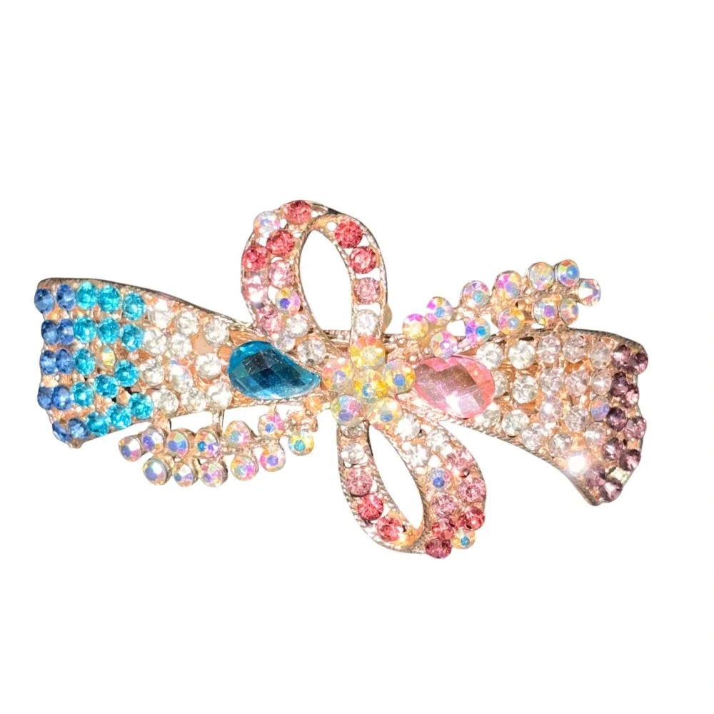 Vtg Style Multicolor Rhinestone Crystal Bow Hair Barrette Gold Tone Clip 3.5